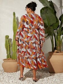 SHEIN CURVE+ Plus Allover Print Lantern Sleeve Ruffle Hem Dress - Multicolor - View 4