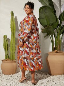 SHEIN CURVE+ Plus Allover Print Lantern Sleeve Ruffle Hem Dress - Multicolor - View 3