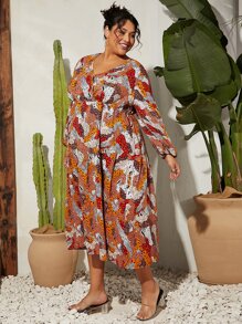 SHEIN CURVE+ Plus Allover Print Lantern Sleeve Ruffle Hem Dress - Multicolor - View 1