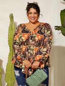SHEIN CURVE+ Plus Patchwork Floral Print Surplice Front Peplum Blouse - Multicolor - View 7