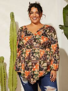 SHEIN CURVE+ Plus Patchwork Floral Print Surplice Front Peplum Blouse - Multicolor - View 3