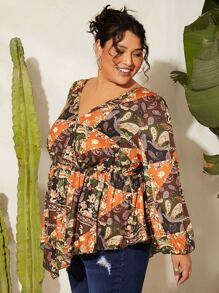 SHEIN CURVE+ Plus Patchwork Floral Print Surplice Front Peplum Blouse - Multicolor - View 5