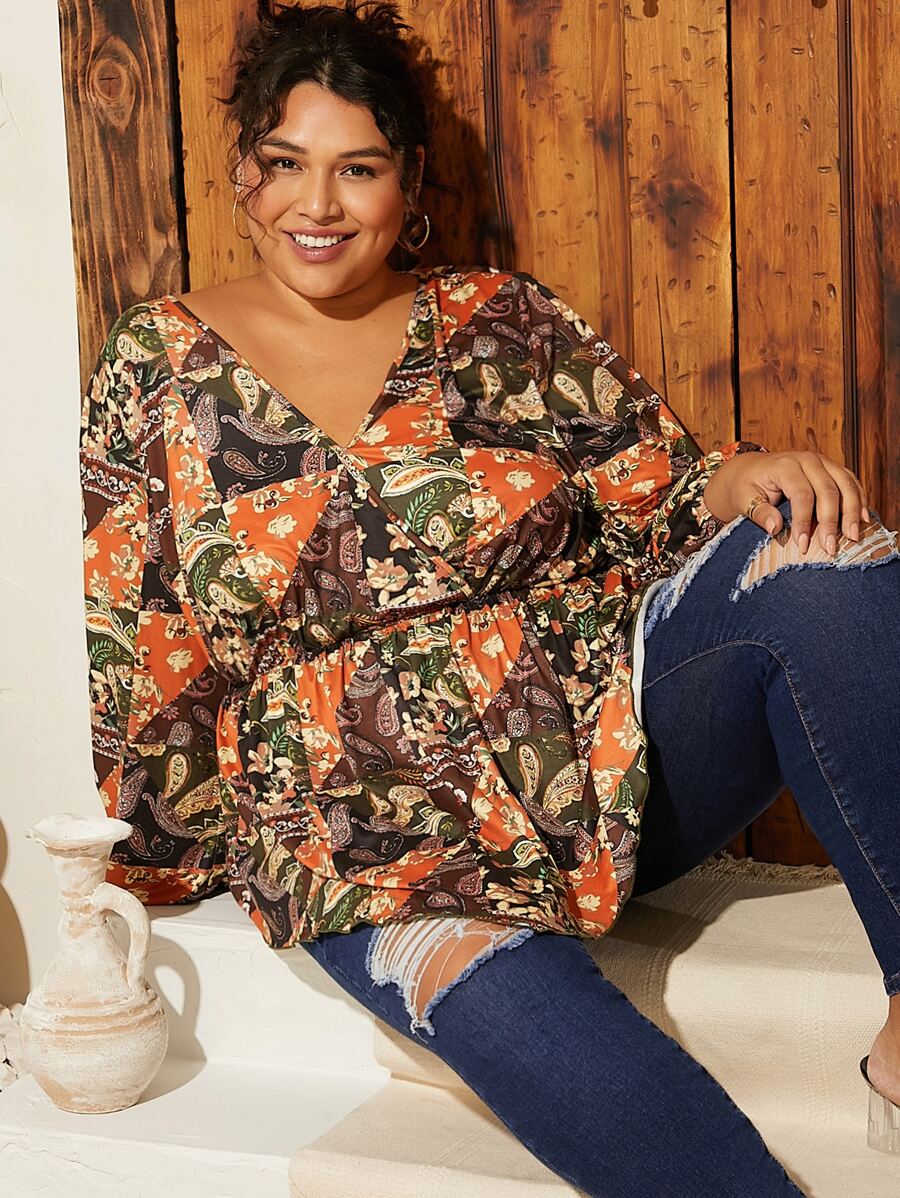 SHEIN CURVE+ Plus Patchwork Floral Print Surplice Front Peplum Blouse - Multicolor - View 1