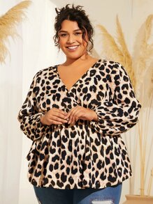 SHEIN CURVE+ Plus Leopard Print Surplice Neck Peplum Blouse - Multicolor - View 3