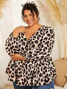 SHEIN CURVE+ Plus Leopard Print Surplice Neck Peplum Blouse - Multicolor - View 6
