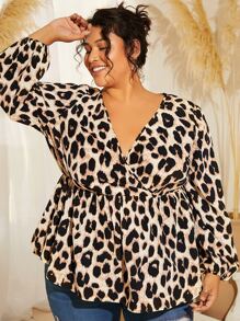 SHEIN CURVE+ Plus Leopard Print Surplice Neck Peplum Blouse - Multicolor - View 7