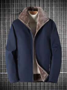 Manfinity 1 pieza Chaqueta con cremallera y forro de peluche para hombres, de pana - Azul Marino - Ver 1