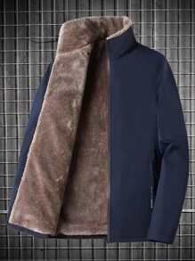 Manfinity 1 pieza Chaqueta con cremallera y forro de peluche para hombres, de pana - Azul Marino - Ver 3