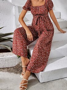 SHEIN Maternity Ditsy Floral Print Belted Jumpsuit - Multicolor - View 3