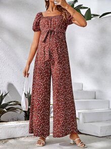 SHEIN Maternity Ditsy Floral Print Belted Jumpsuit - Multicolor - View 4