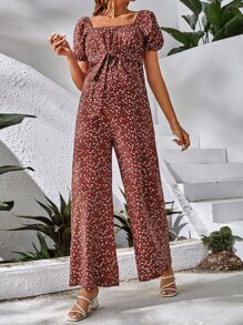 SHEIN Maternity Ditsy Floral Print Belted Jumpsuit - Multicolor - View 1