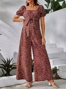 SHEIN Maternity Ditsy Floral Print Belted Jumpsuit - Multicolor - View 5