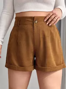 CovetEZ Plus Roll Up Hem High Waist Shorts Without Belt - Brown - View 1