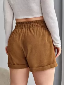 CovetEZ Plus Roll Up Hem High Waist Shorts Without Belt - Brown - View 2