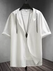 Manfinity Camisa De Manga Larga Con Capucha, Diseño De Rayas Para Hombre, Ajuste Holgado, Con Cordón, Sin Camiseta - Blanco - Ver 1