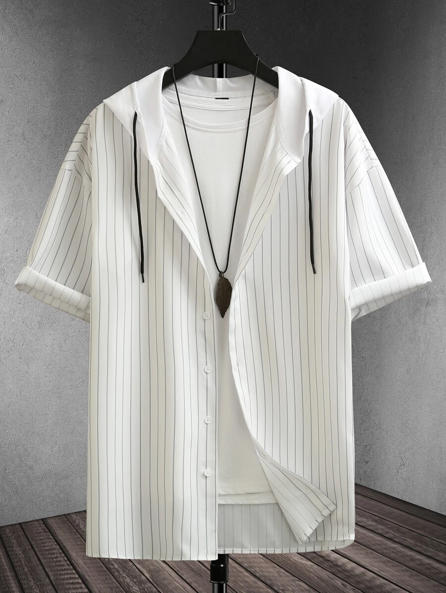 Manfinity Camisa De Manga Larga Con Capucha, Diseño De Rayas Para Hombre, Ajuste Holgado, Con Cordón, Sin Camiseta - Blanco - Ver 1