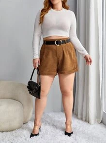 CovetEZ Plus Roll Up Hem High Waist Shorts Without Belt - Brown - View 3