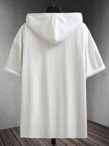 Manfinity Camisa De Manga Larga Con Capucha, Diseño De Rayas Para Hombre, Ajuste Holgado, Con Cordón, Sin Camiseta - Blanco - Ver 2