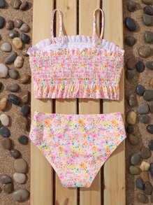 Tween Girl Floral Print Smocked Ruffle Hem Bikini Set Summer Beach - Multicolor - View 2
