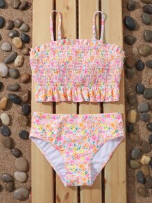 Tween Girl Floral Print Smocked Ruffle Hem Bikini Set Summer Beach - Multicolor - View 4