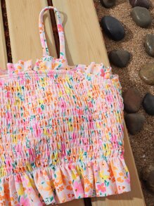 Tween Girl Floral Print Smocked Ruffle Hem Bikini Set Summer Beach - Multicolor - View 5