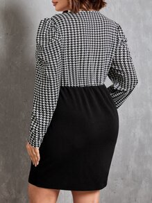 SHEIN Privé Plus Houndstooth Print Surplice Neck Gigot Sleeve Bodycon Dress - Black and White - View 2