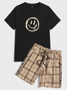 Manfinity Men Cartoon Graphic Tee & Plaid Shorts Set - Multicolor - View 1