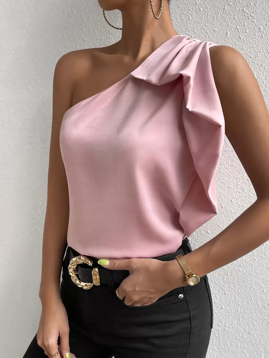 SHEIN Privé Blusa de un hombro fruncido - Rosa - Ver 1