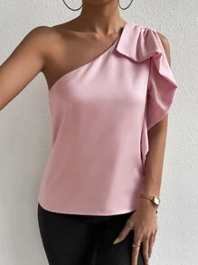 SHEIN Privé Blusa de un hombro fruncido - Rosa - Ver 3