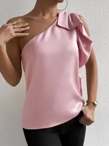 SHEIN Privé Blusa de un hombro fruncido - Rosa - Ver 4