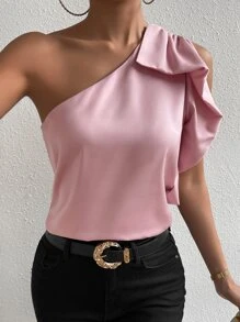 SHEIN Privé Blusa de un hombro fruncido - Rosa - Ver 5