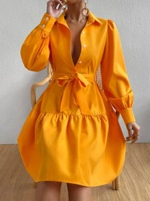 Chiquease 燈籠袖荷葉邊腰帶襯衫連衣裙 - 橘色 - 查看 1