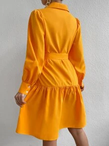 Chiquease 燈籠袖荷葉邊腰帶襯衫連衣裙 - 橘色 - 查看 2