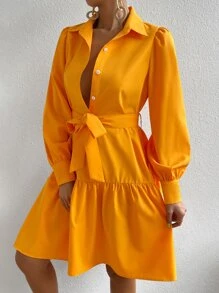 Chiquease 燈籠袖荷葉邊腰帶襯衫連衣裙 - 橘色 - 查看 3