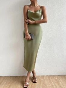 SHEIN SXY 打褶細節露背交叉下擺開叉腰部鏤空吊帶連衣裙 - 薄荷綠 - 查看 4