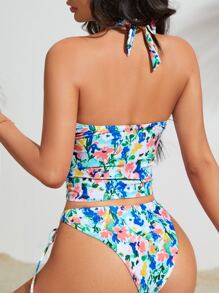 Floral Print Halter Bikini Set Summer Beach - Multicolor - View 2