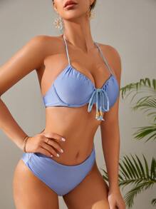 肋骨鬆綁前扣下擺鋼圈夏日沙灘比基尼套裝 - 藍色 - 查看 5