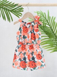 Baby Allover Floral Print Bow Shoulder Romper - Coral Pink - View 1
