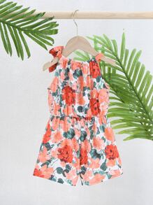 Baby Allover Floral Print Bow Shoulder Romper - Coral Pink - View 2
