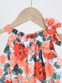 Baby Allover Floral Print Bow Shoulder Romper - Coral Pink - View 4