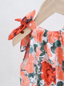 Baby Allover Floral Print Bow Shoulder Romper - Coral Pink - View 6