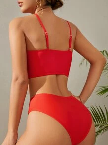 Plain Cut-Out Bikini Set Summer Beach - Red - View 2