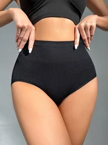 SHEIN 女士黑色高腰塑身三角裤舒适加大码内衣 - 黑色 - 查看 1