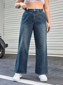 Jeans con bolsillo oblicuo de pierna ancha - Azul lavado oscuro - Ver 2