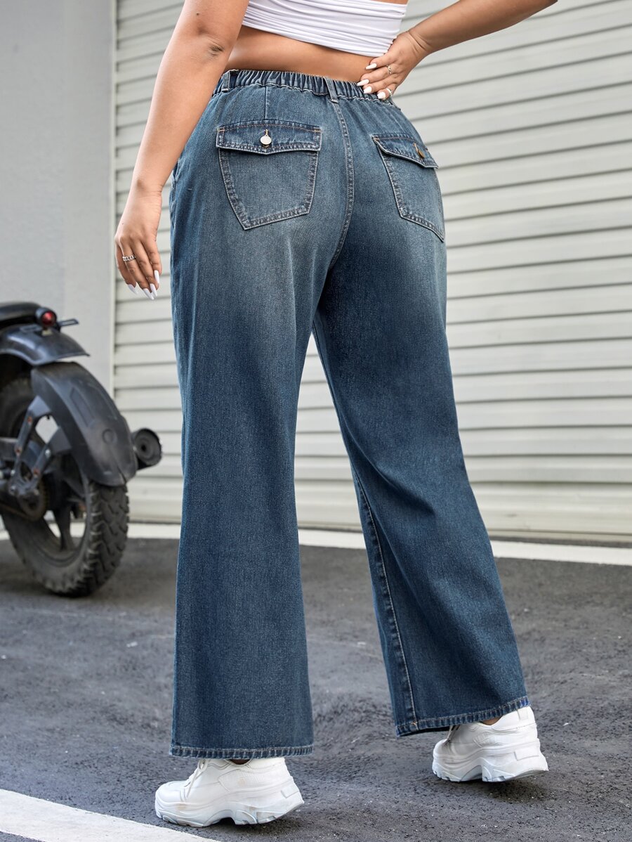 Jeans con bolsillo oblicuo de pierna ancha - Azul lavado oscuro - Ver 1