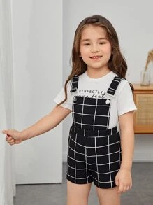 SHEIN Young Girl Toddler Girls Grid Print Overall Romper Without Tee - Black and White - View 1