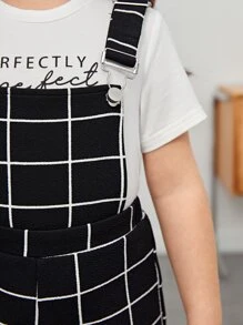 SHEIN Young Girl Toddler Girls Grid Print Overall Romper Without Tee - Black and White - View 4