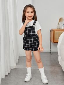 SHEIN Young Girl Toddler Girls Grid Print Overall Romper Without Tee - Black and White - View 5
