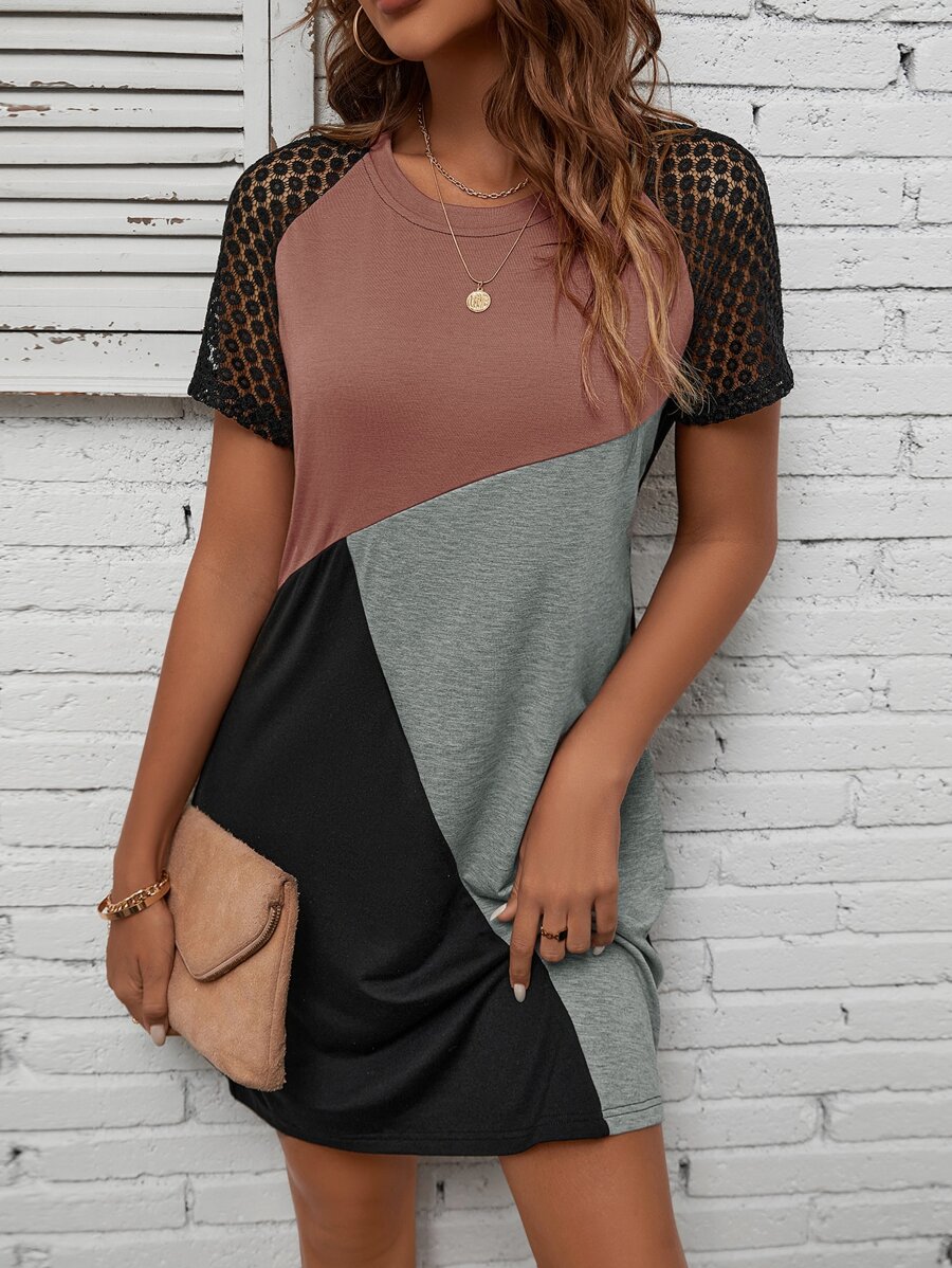 EMERY ROSE Colour Block Contrast Lace Raglan Sleeve Tee Dress - Multicolor - View 1