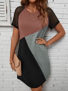 EMERY ROSE Colour Block Contrast Lace Raglan Sleeve Tee Dress - Multicolor - View 3
